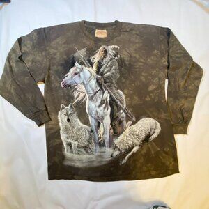 Vintage The Mountain Native American Wolf Horse Long Sleeve Graphic Tee XL USA